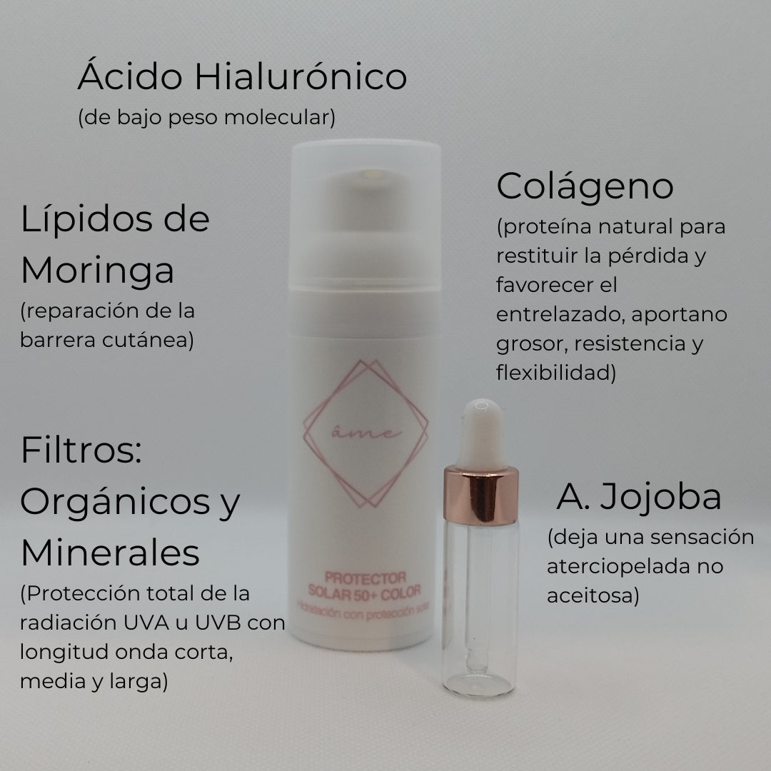 Textura de rápida absorción con un acabado seda, efecto buena cara. Sin trazas blancas. Protege tu piel y reduce los signos de la edad, con ácido Hialurónico, colágeno y jojoba. Apto para pieles grasas. Fórmula con y sin color. ¡Tu filtro perfecto para la vida real!