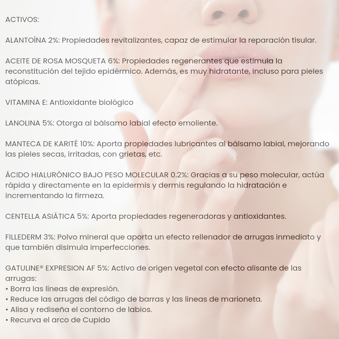 Repara e hidrata los labios dañados y secos. · Mejora la definición del contorno de labios y las arrugas peribucales. · Recupera el volumen, forma y curvatura de tus labios. APTO PARA TODO TIPO DE PIELES